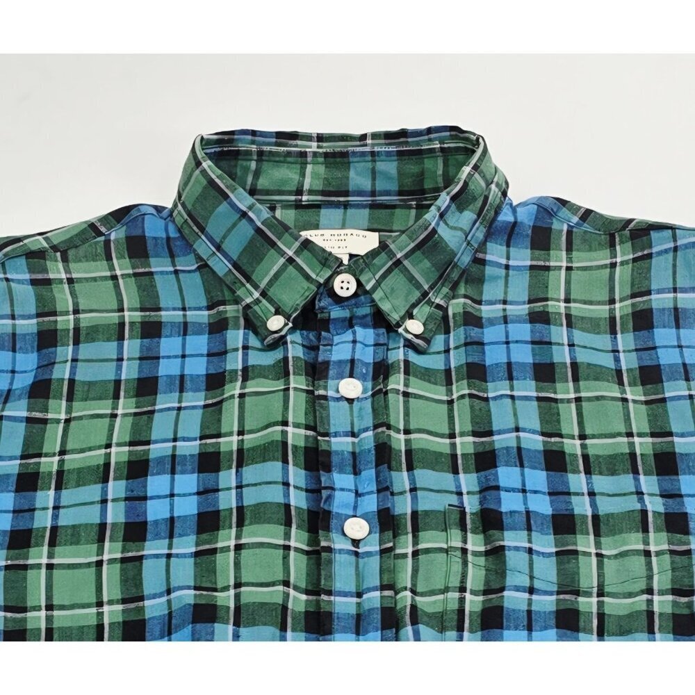 Club Monaco Slim Fit Green Black Blue White Check Linen Button Down Pocket Shirt
